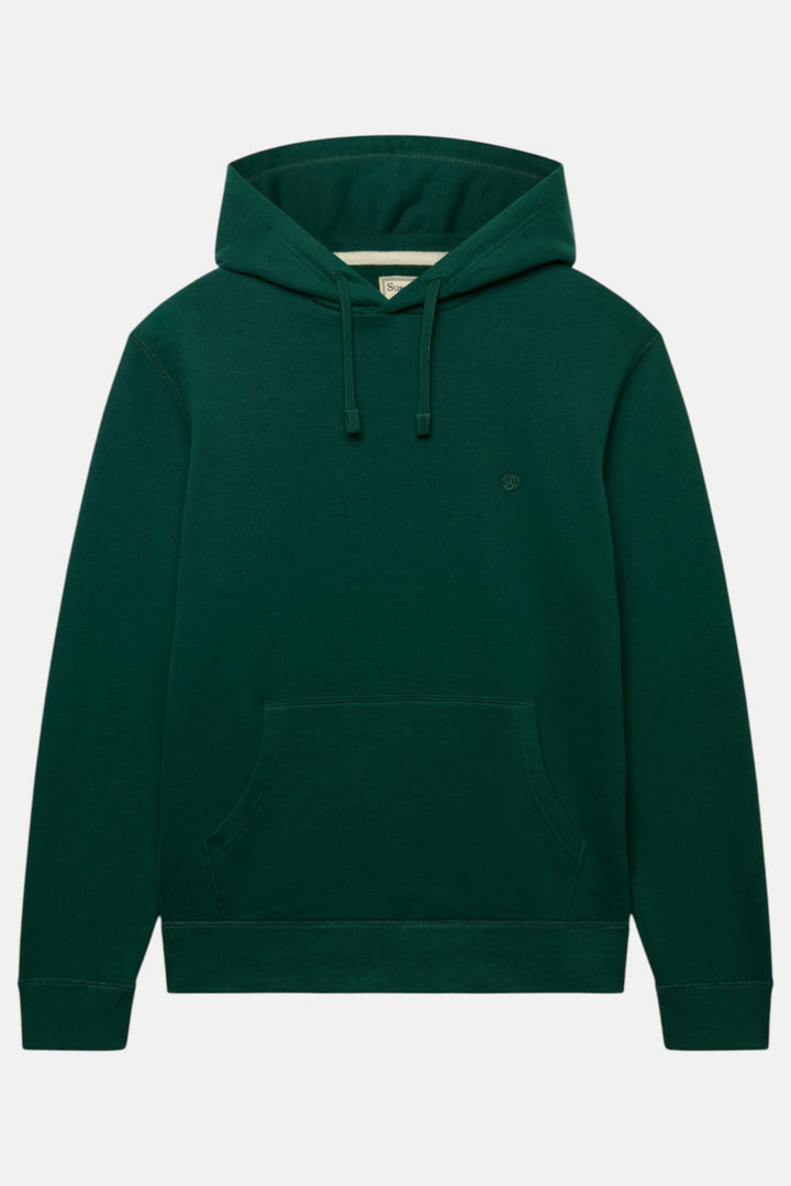 Green pullover hoodie front view with hood drawstrings and kangaroo pocket