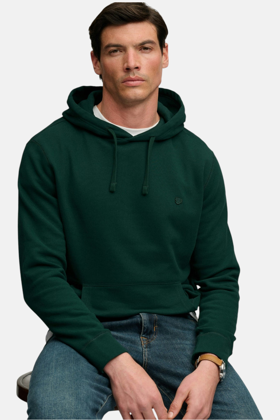 Men's green pullover hoodie with adjustable drawstring hood and front kangaroo pocket