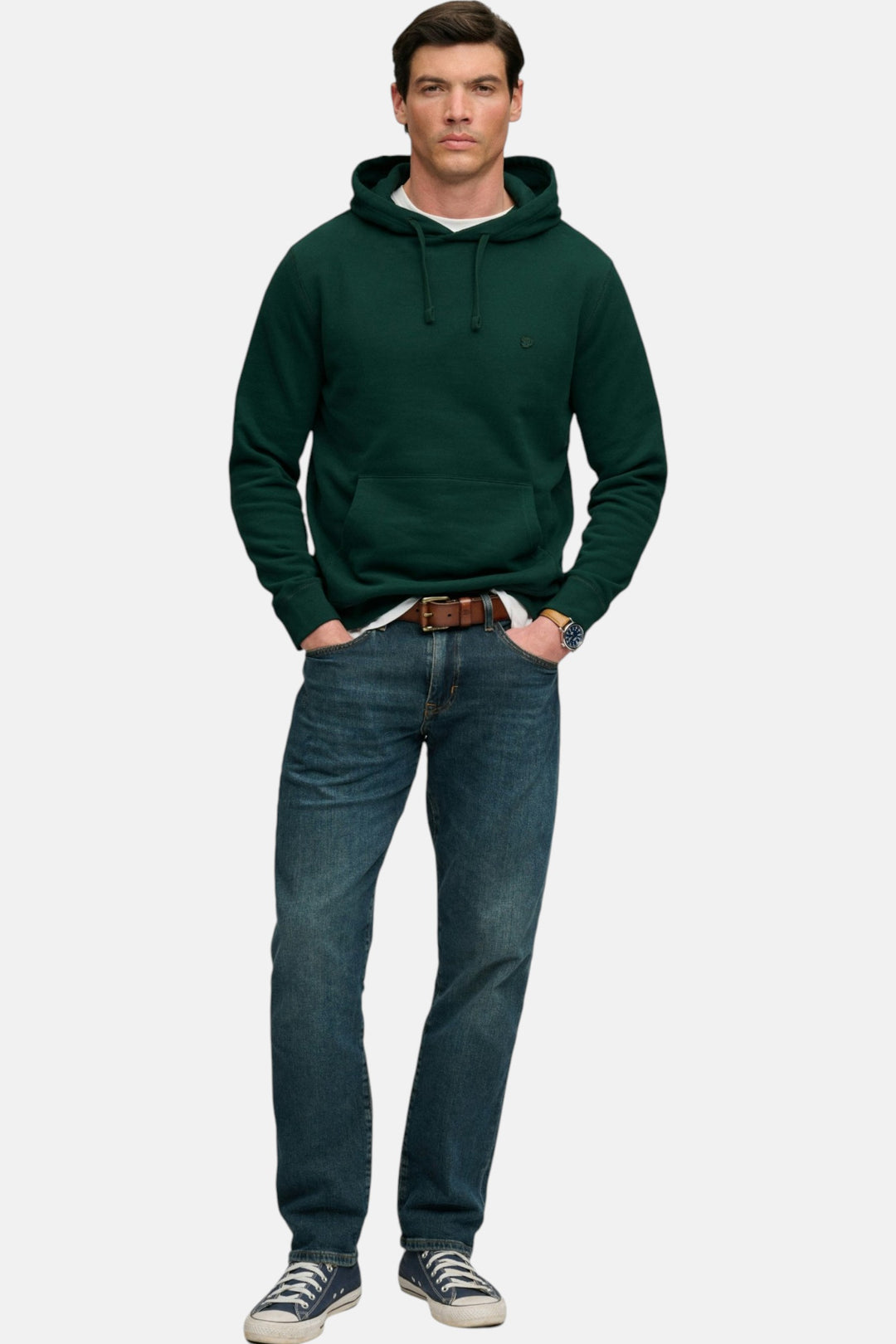Men's green pullover hoodie with hood drawstrings and front kangaroo pocket