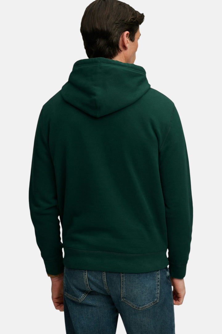 Back view of men's green pullover hoodie with hood and kangaroo pocket