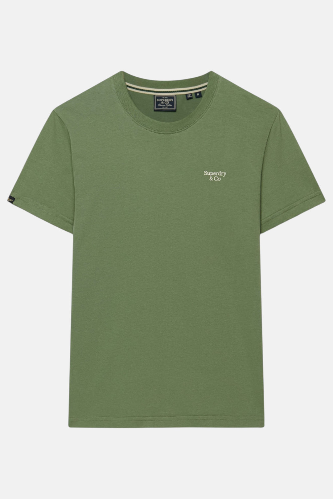 Green Essential T-shirt flat lay, crew neck and chest logo