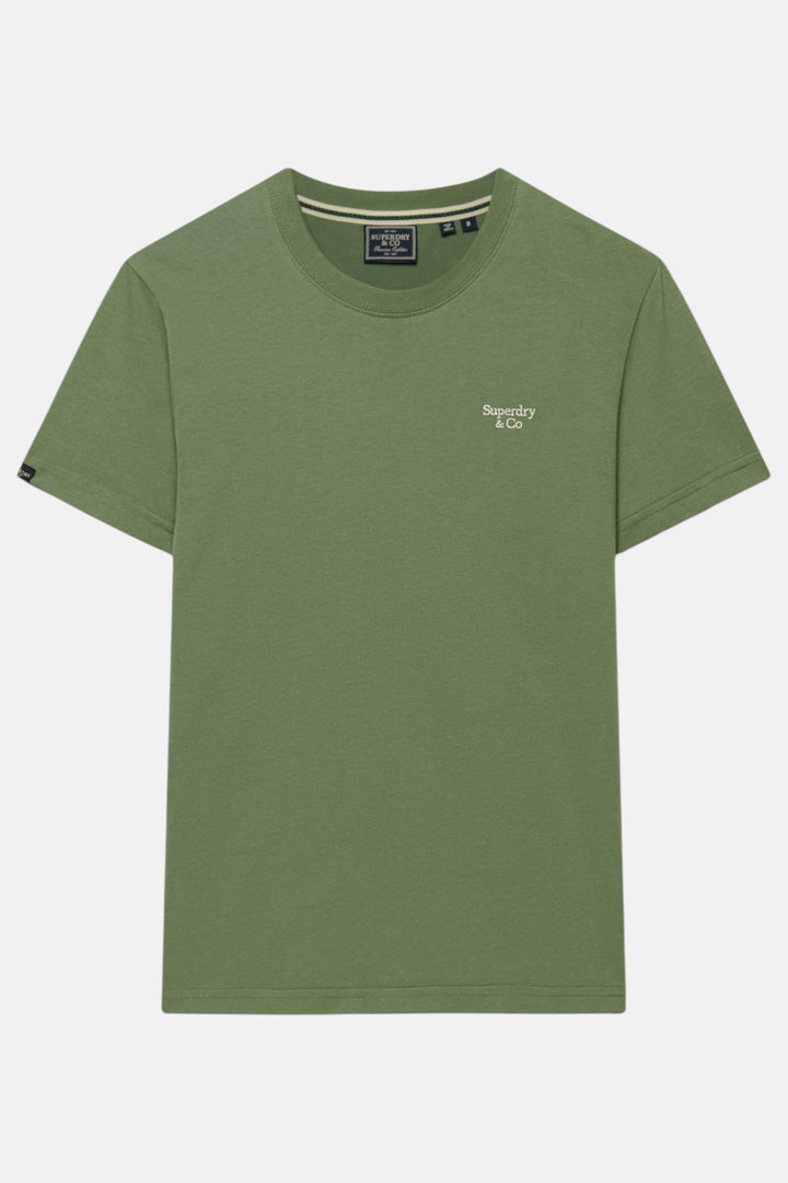 Green Essential T-shirt flat lay, crew neck and chest logo