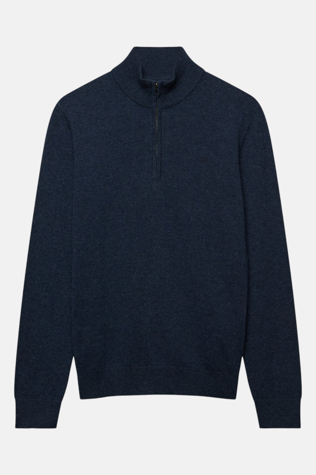 Lightweight half-zip sweater in navy marl knit with long sleeves and mock neck