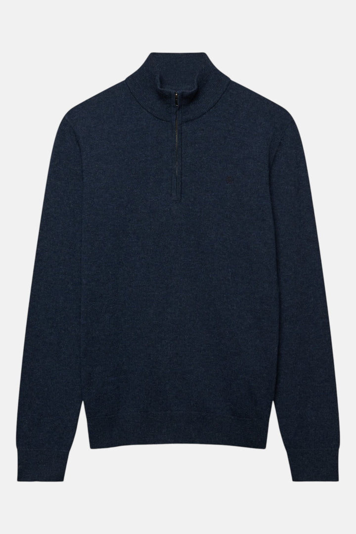 Lightweight half-zip sweater in navy marl knit with long sleeves and mock neck