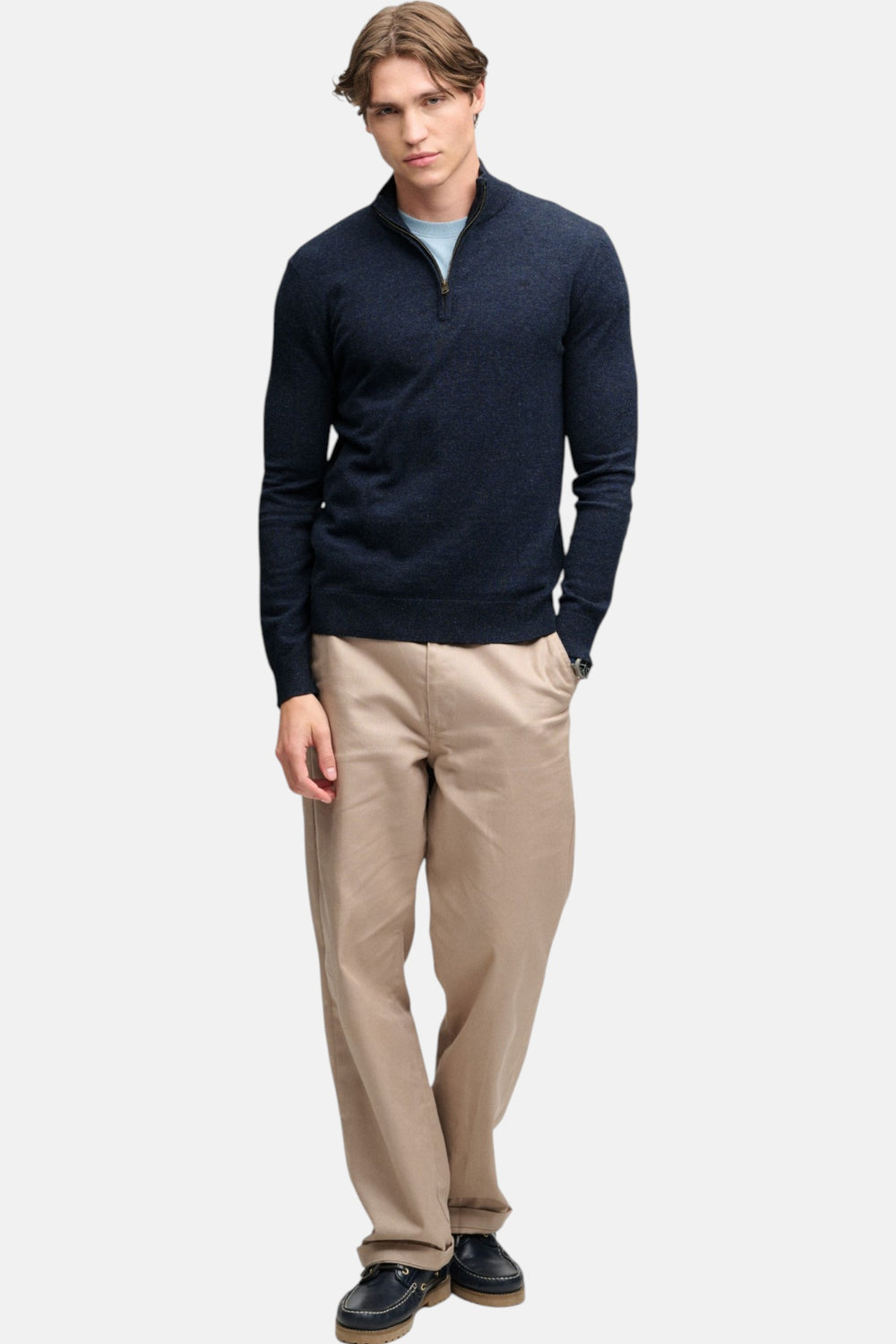 Lightweight half-zip sweater in rich navy marl with long sleeves and ribbed cuffs
