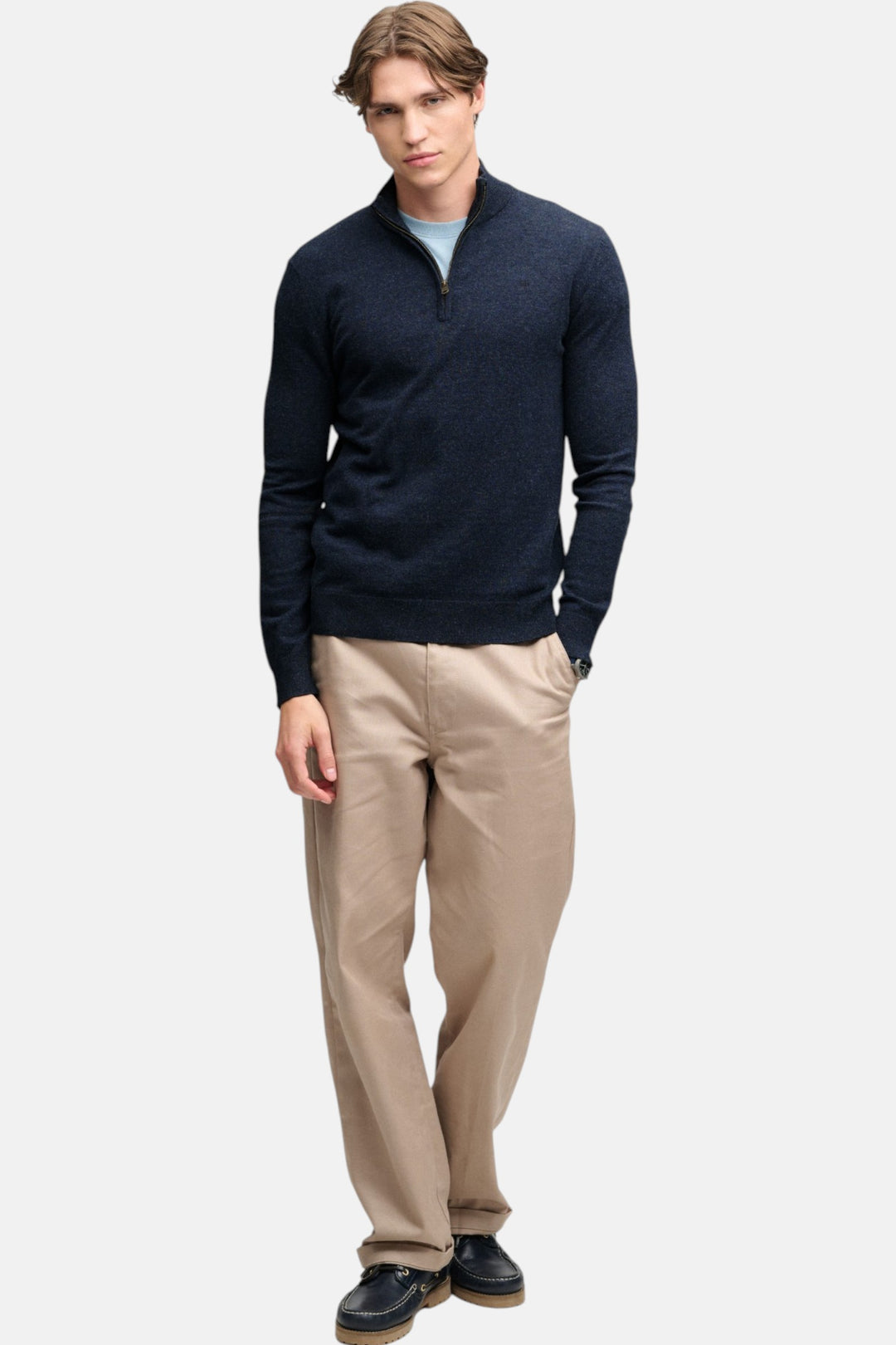 Lightweight half-zip sweater in rich navy marl with long sleeves and ribbed cuffs