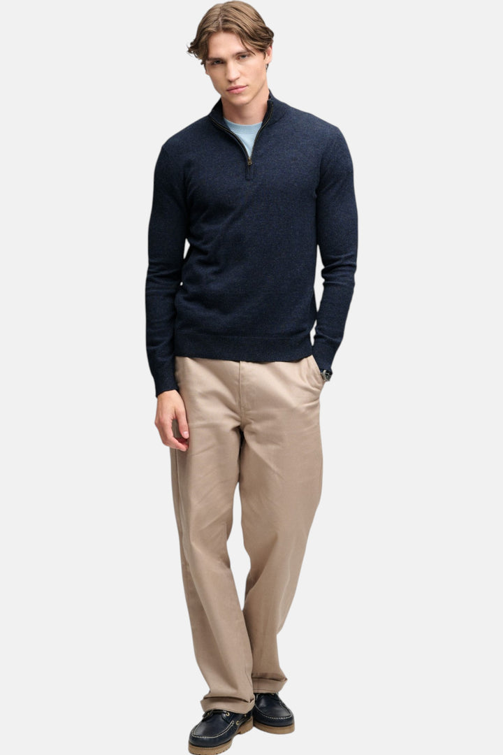 Lightweight half-zip sweater in rich navy marl with long sleeves and ribbed cuffs