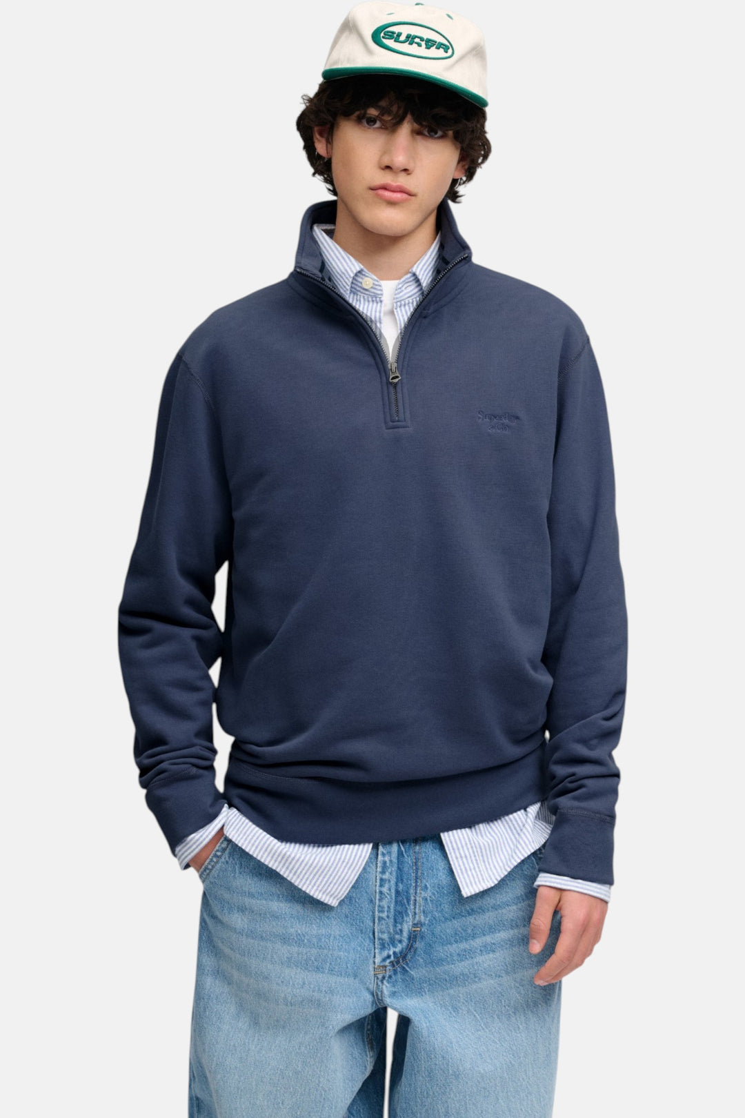 Superdry navy half-zip sweatshirt with front placket, zip pull, long sleeves