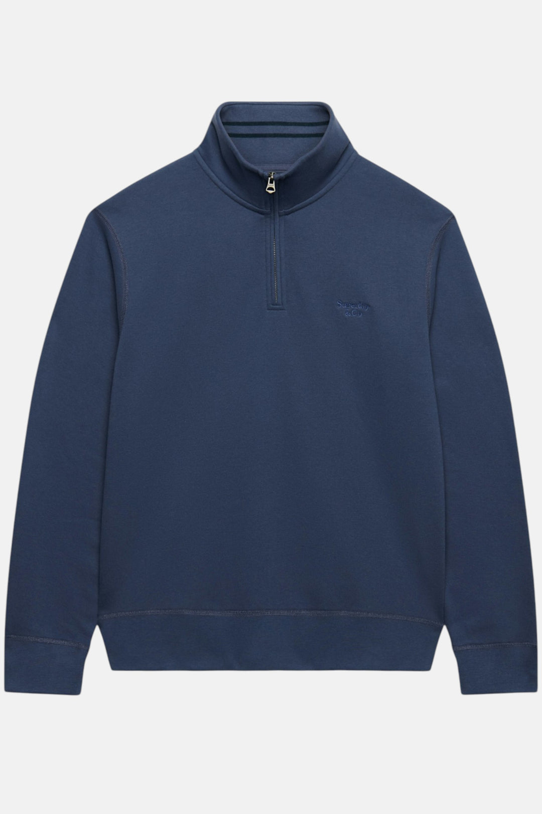 Superdry navy half-zip top with small chest logo, mock neck, long sleeves