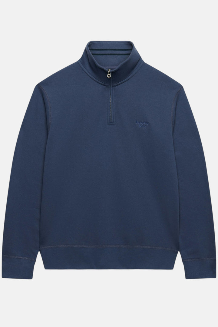Superdry navy half-zip top with small chest logo, mock neck, long sleeves