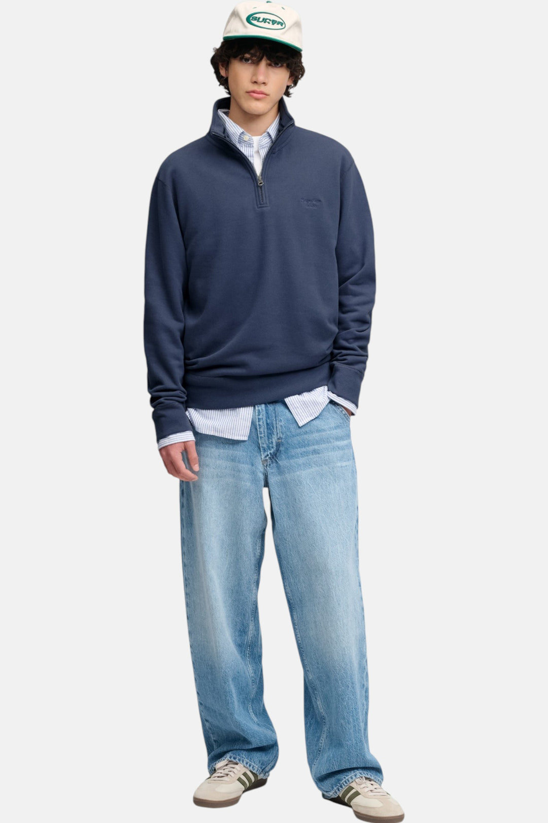 Superdry navy half-zip sweatshirt with zip neck, long sleeves, relaxed fit