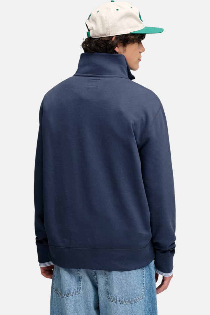 Superdry navy half-zip sweatshirt with stand collar, long sleeves, relaxed fit