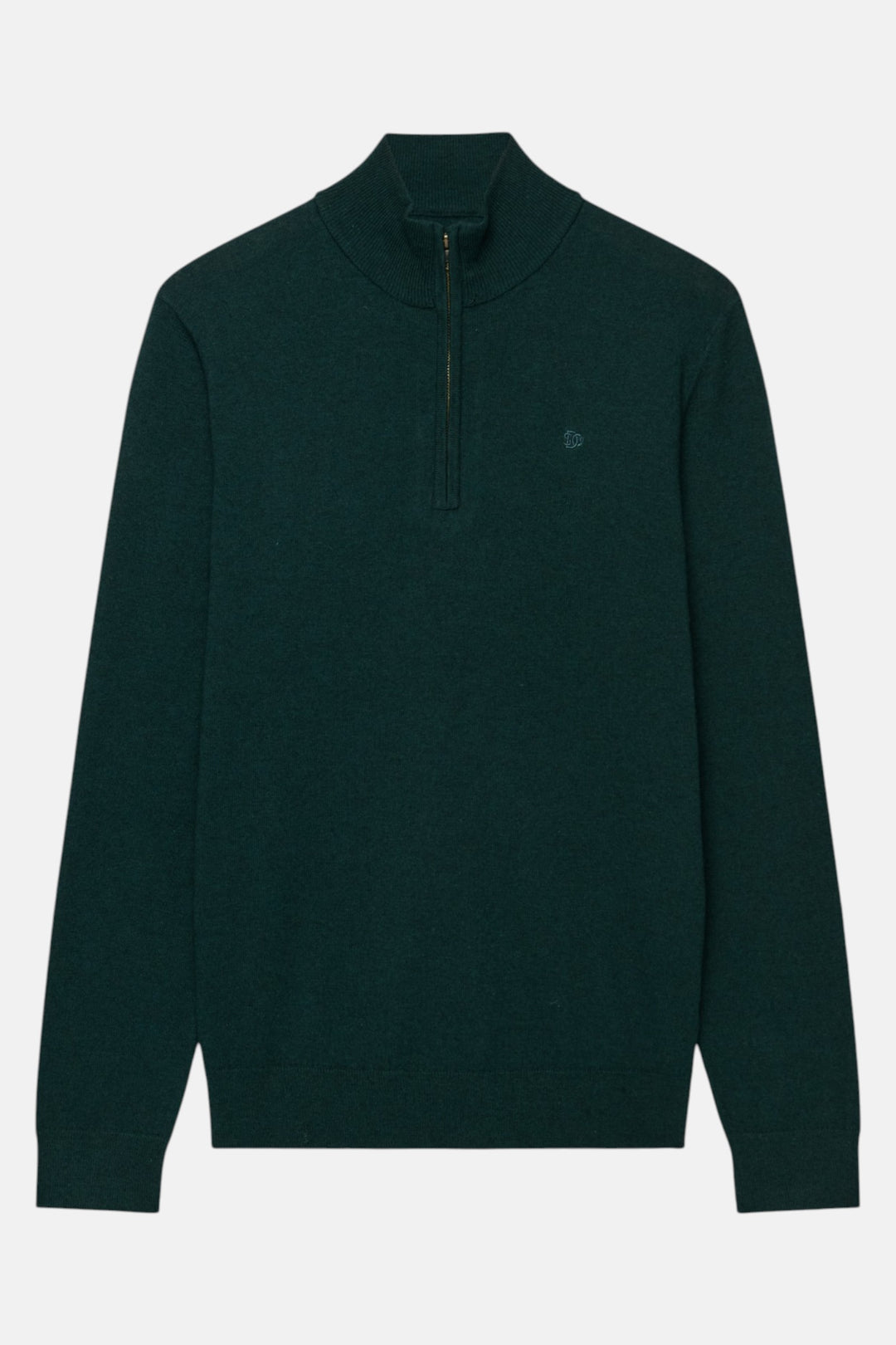 Lightweight half-zip sweater in deep pine green, stand collar and zipper