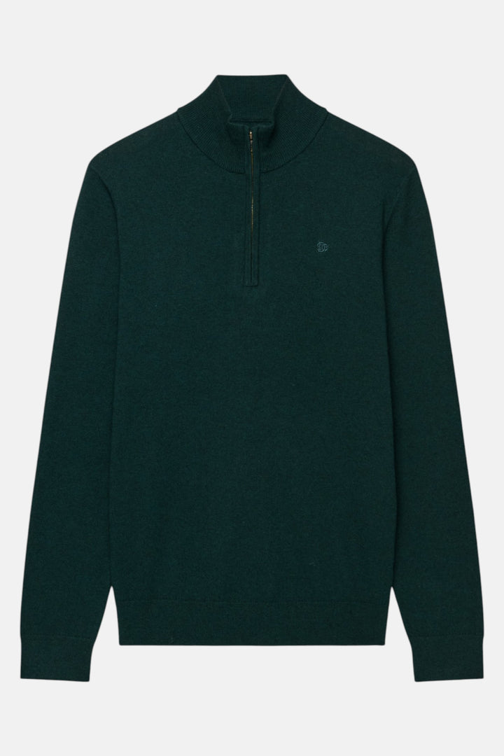 Lightweight half-zip sweater in deep pine green, stand collar and zipper