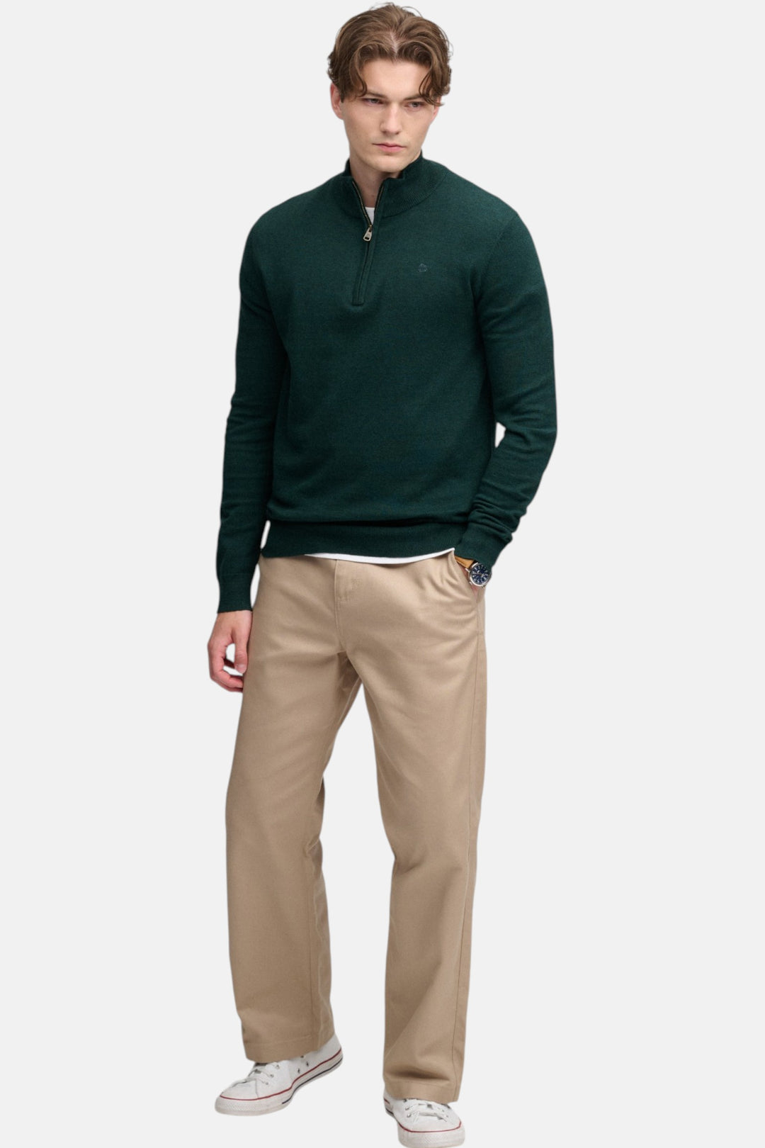 Lightweight half-zip sweater in deep pine green, ribbed cuffs and hem