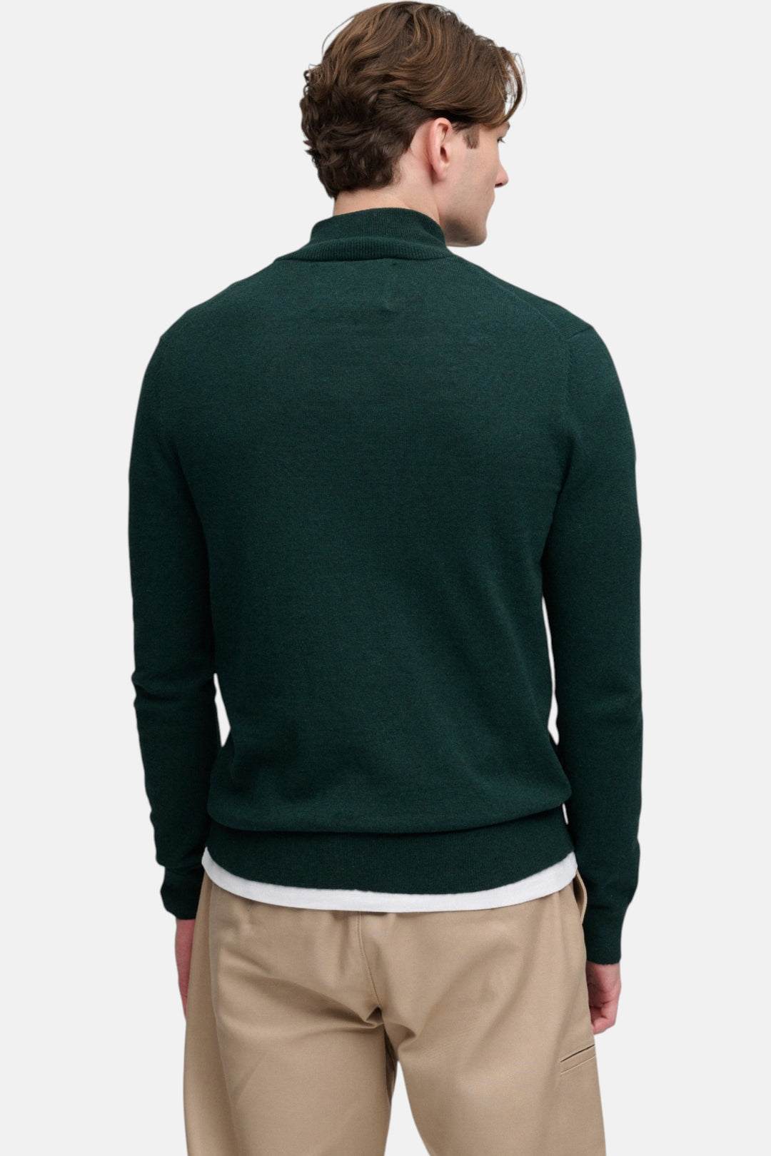 Back view lightweight half-zip sweater in deep pine green with ribbed hem
