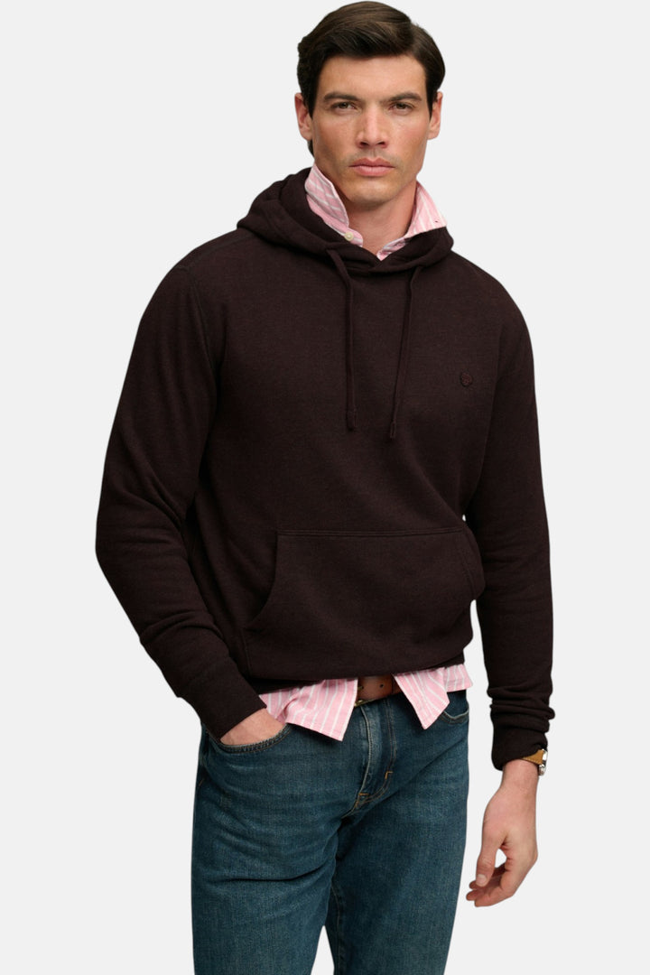 Dark brown pullover hoodie with drawstring hood and kangaroo pocket, chest logo