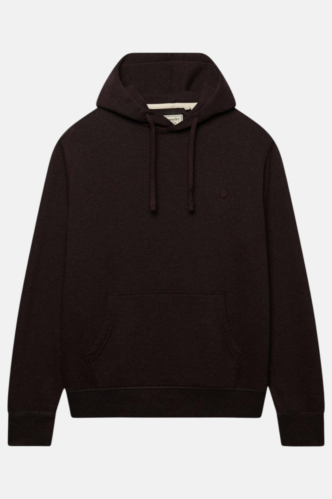 Dark brown pullover hoodie with drawstring hood, kangaroo pocket, small chest logo