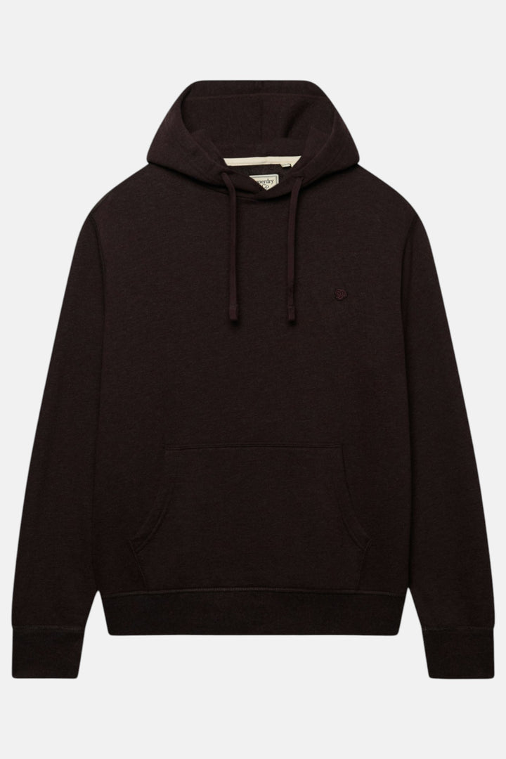 Dark brown pullover hoodie with drawstring hood, kangaroo pocket, small chest logo