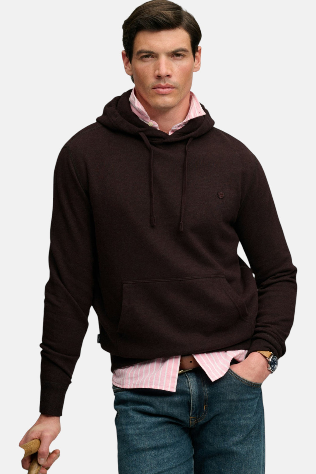Dark brown pullover hoodie with drawstring hood and kangaroo pocket