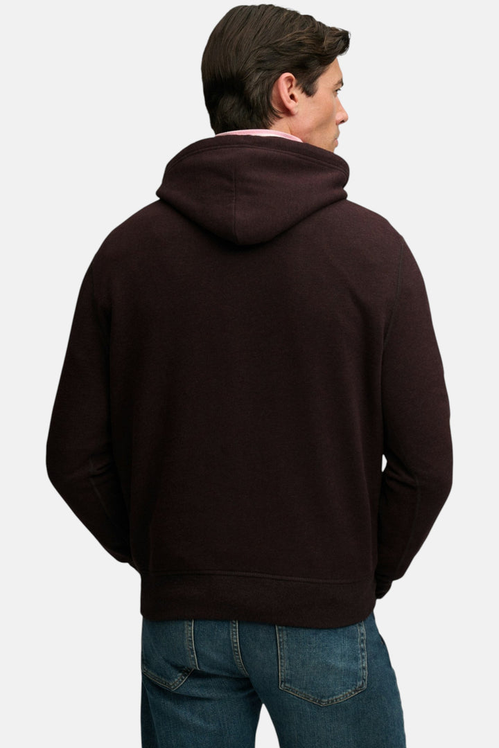 Dark brown pullover hoodie with drawstring hood and kangaroo pocket, back view