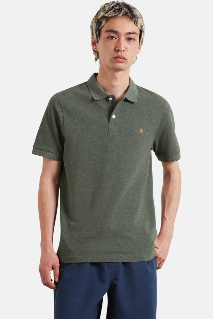Men's green marl polo shirt with short sleeves, collar and button placket, small chest logo.