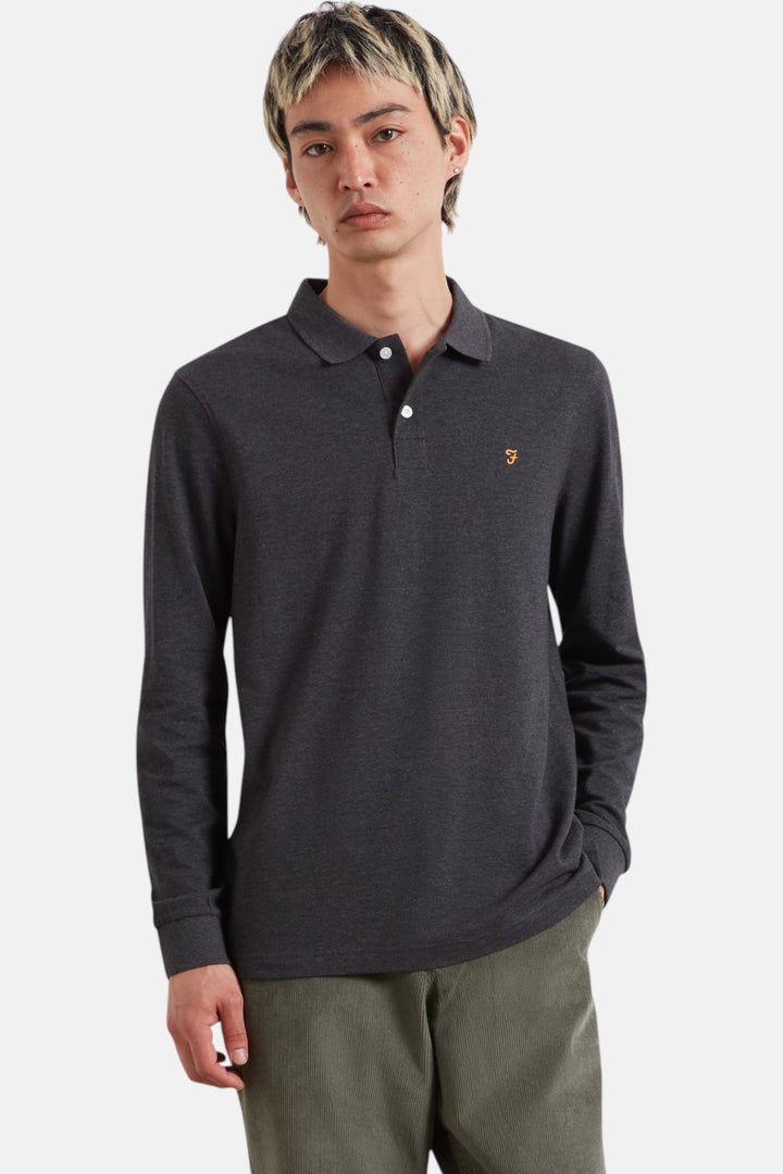 Washed black marl long-sleeve polo shirt with button placket and small chest logo