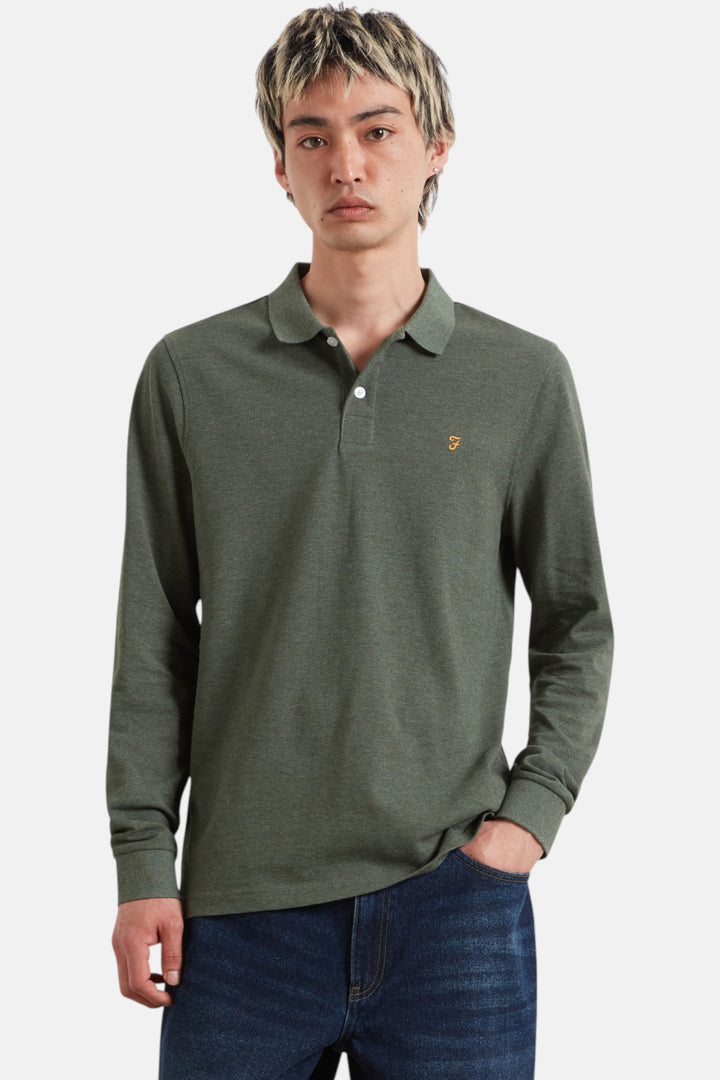 Farah Cunningham long-sleeve polo shirt, dark green marl, chest logo