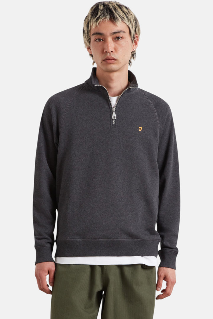 Washed black marl 1/4-zip sweatshirt top with ribbed cuffs and small chest logo