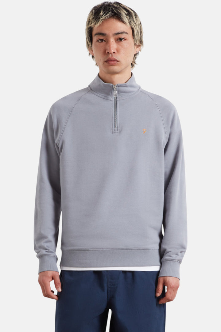 Gray 1/4-zip pullover top with stand collar and small chest logo