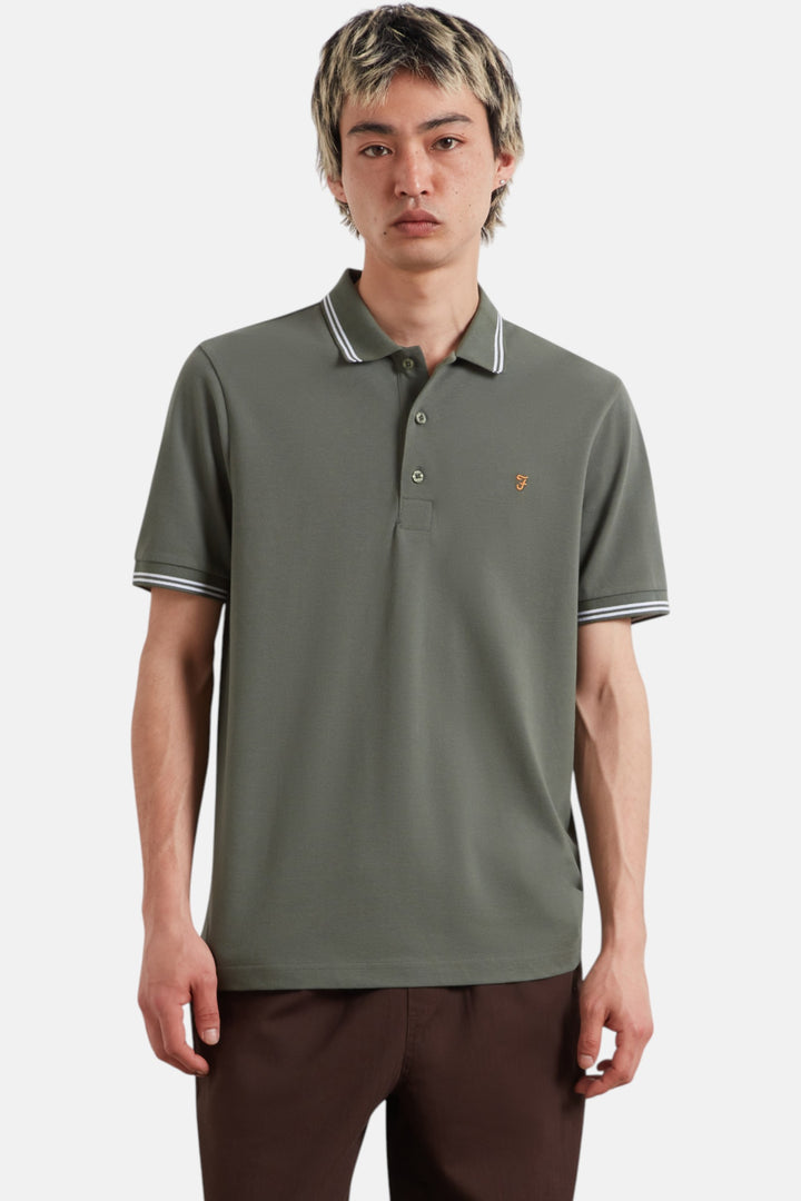 Men's Farah polo shirt in dark olive green with white tipped collar and sleeve cuffs