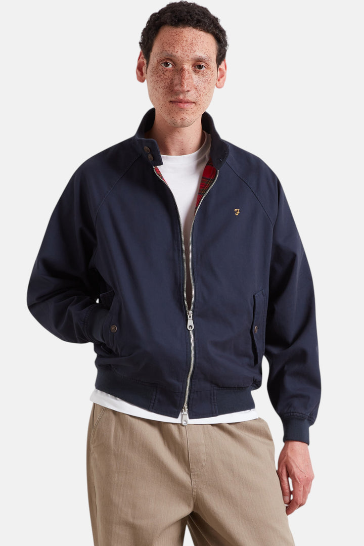 Men's navy Harrington jacket with full-zip, stand collar, and side pockets