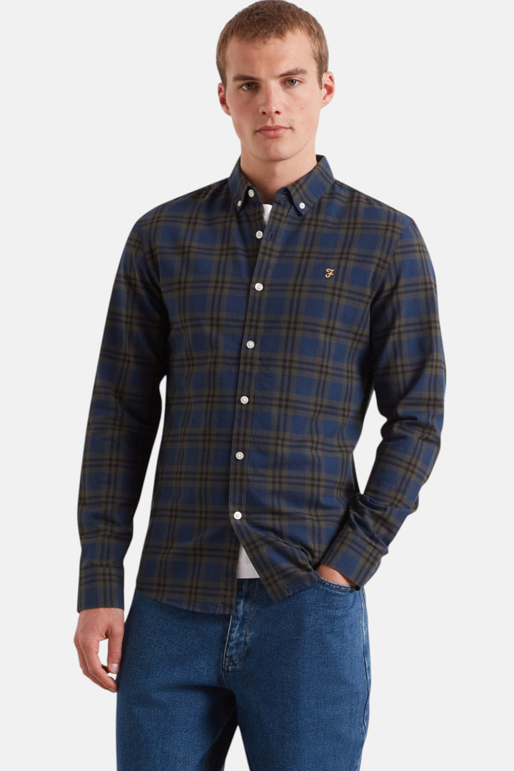 Men's organic check shirt, dark green/navy plaid, button-up long sleeves