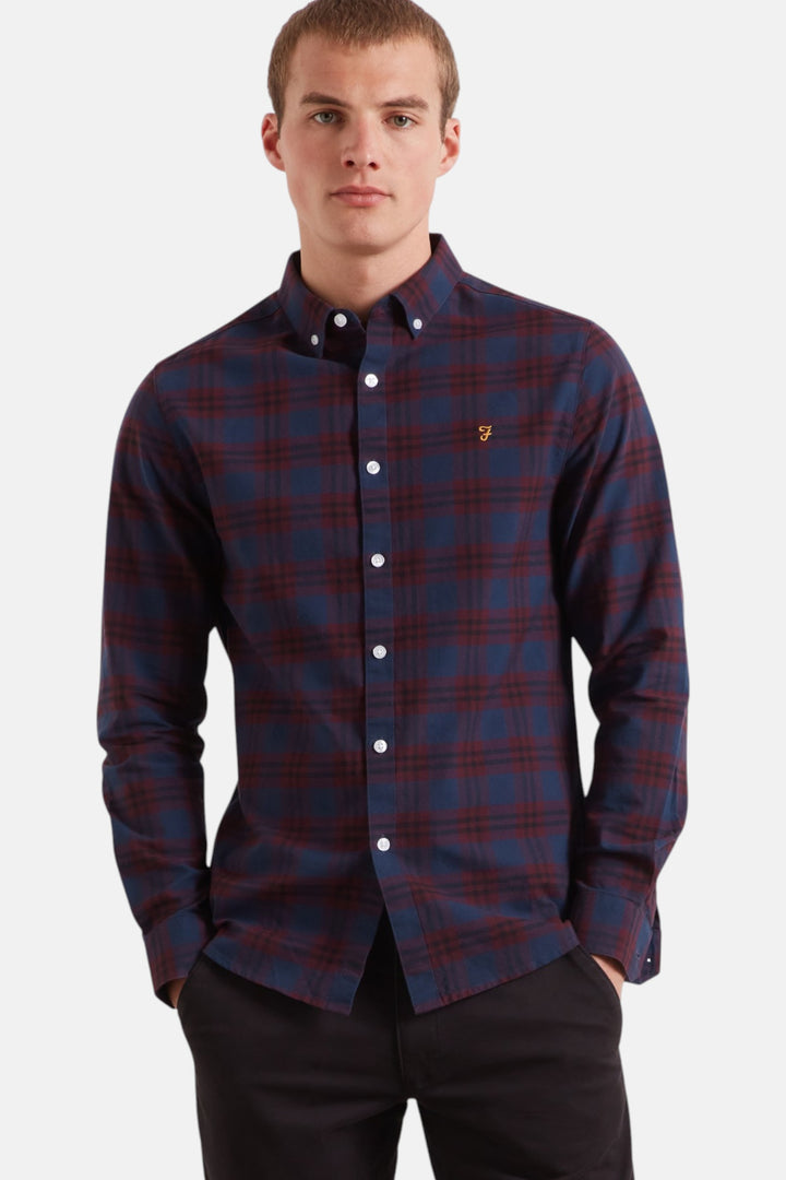 Men's bordeaux check button-up shirt with long sleeves and chest logo