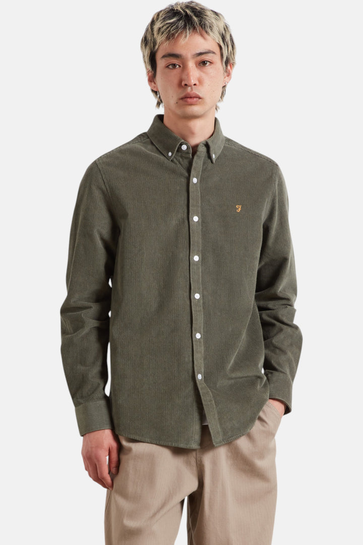 Men's long-sleeve plain button-up shirt, dark olive green, with chest logo