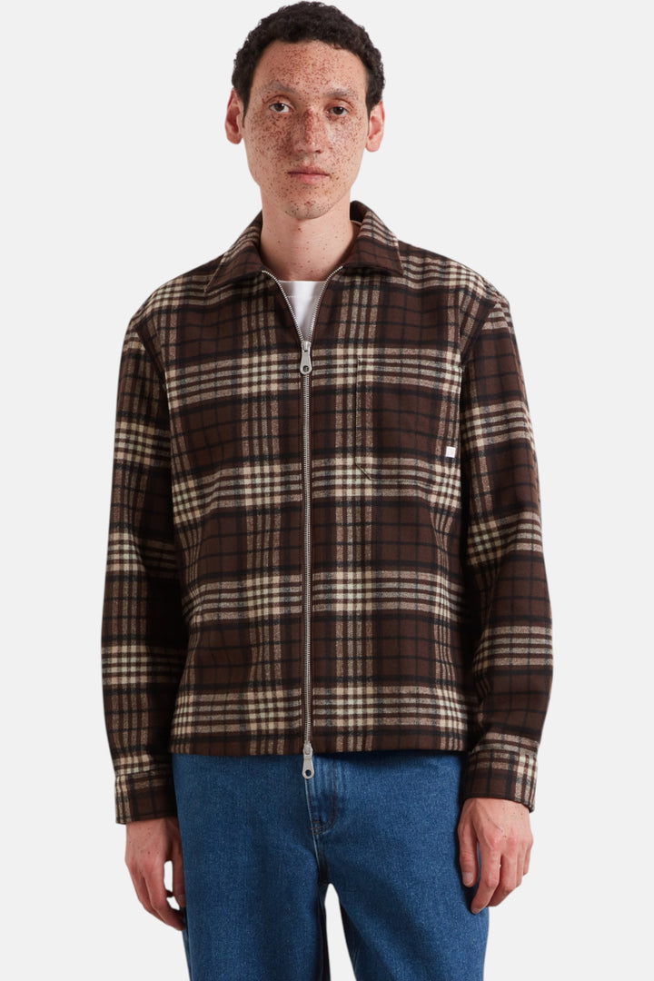 Farah Asher check zip overshirt in dark brown plaid with stand collar