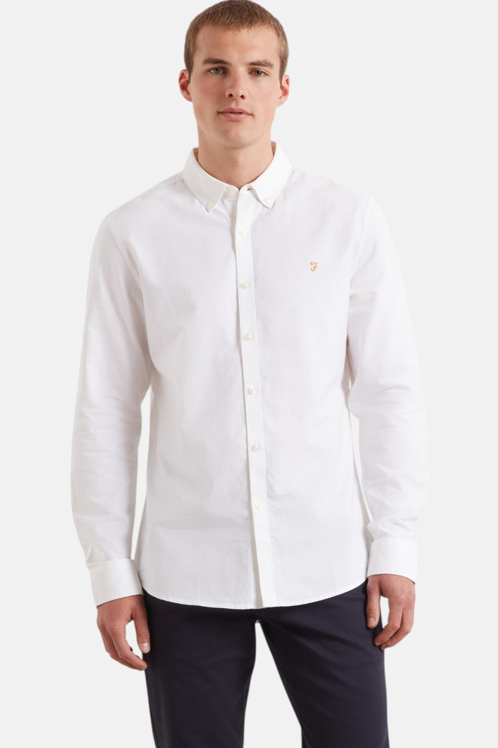 White slim-fit Oxford shirt with button front and pointed collar