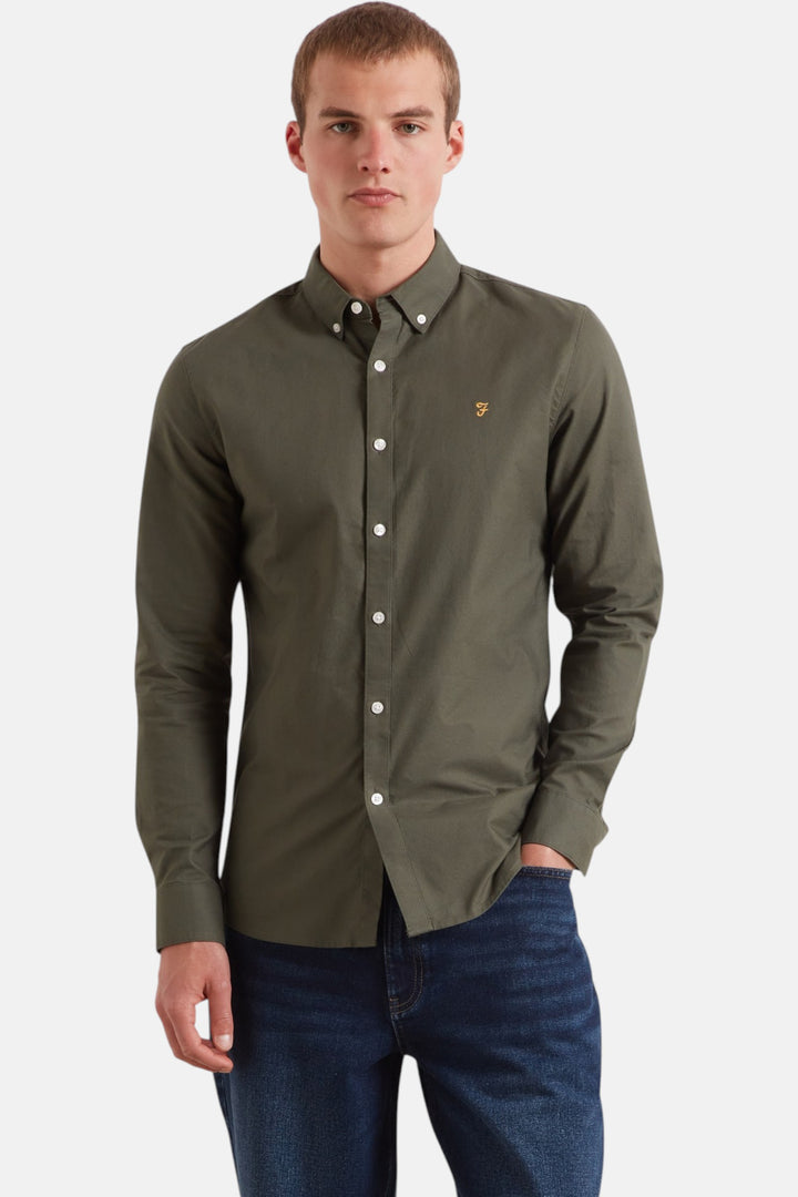 Farah Brewer slim-fit oxford shirt in olive green, long-sleeve button front