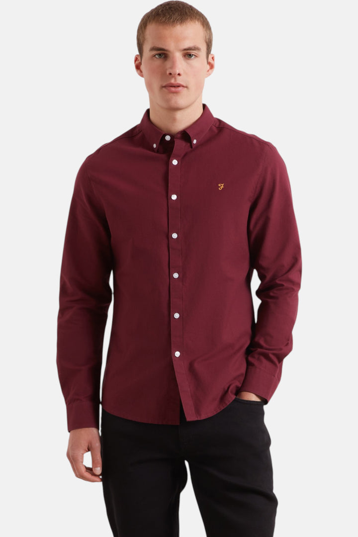 Farah Brewer slim-fit Oxford shirt, bordeaux with button-down collar and long sleeves