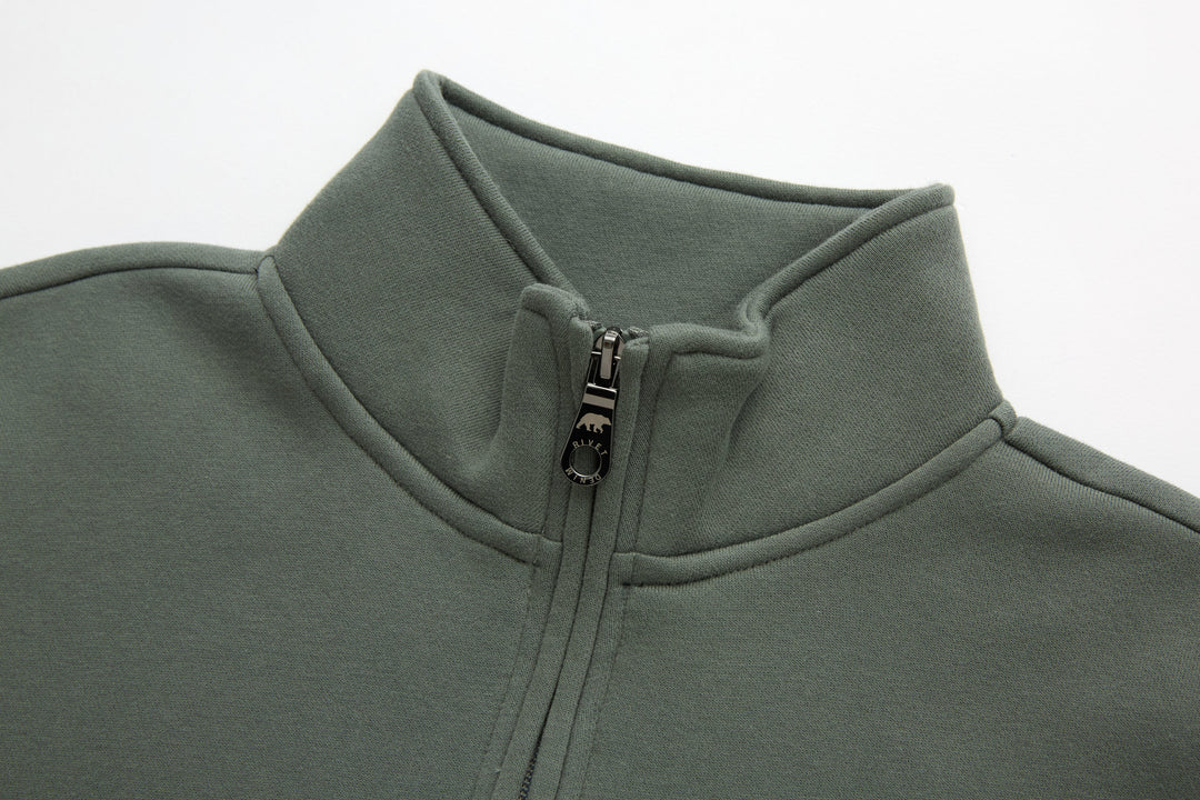 Olive 1/4-zip pullover, stand collar with zipper and pull tab