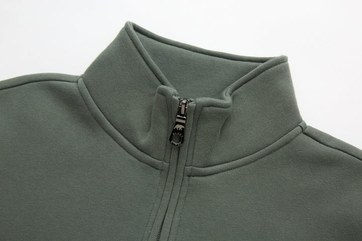 Olive 1/4-zip pullover, stand collar with zipper and pull tab