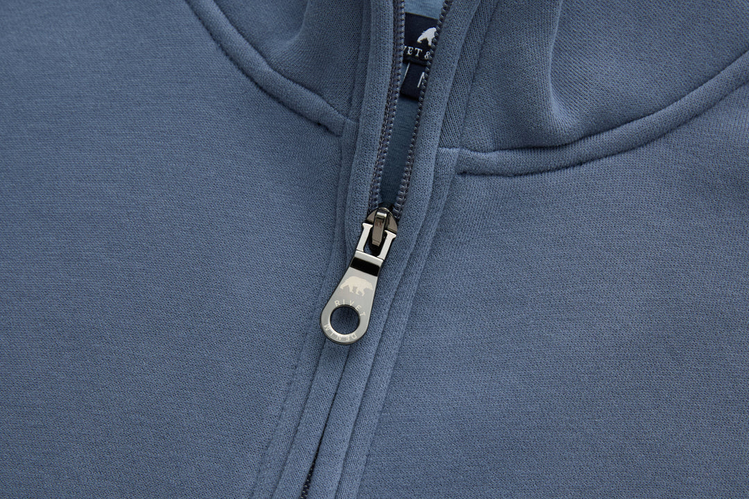 Blue 1/4-zip top metal zipper pull and placket
