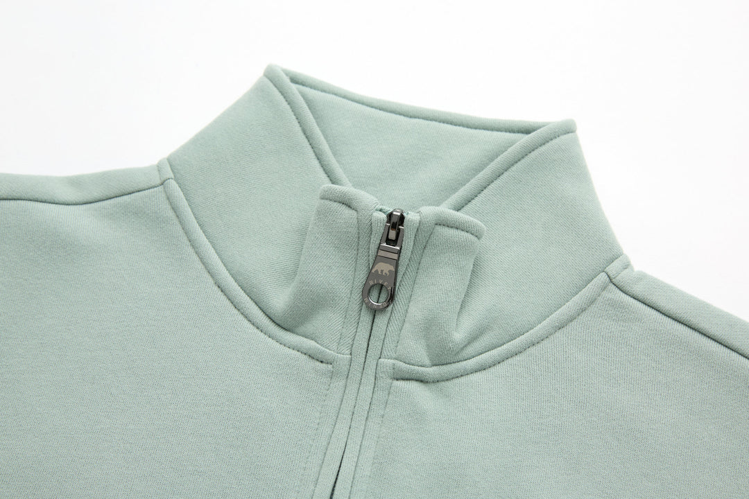 Jade 1/4-zip top neckline and zipper placket close-up