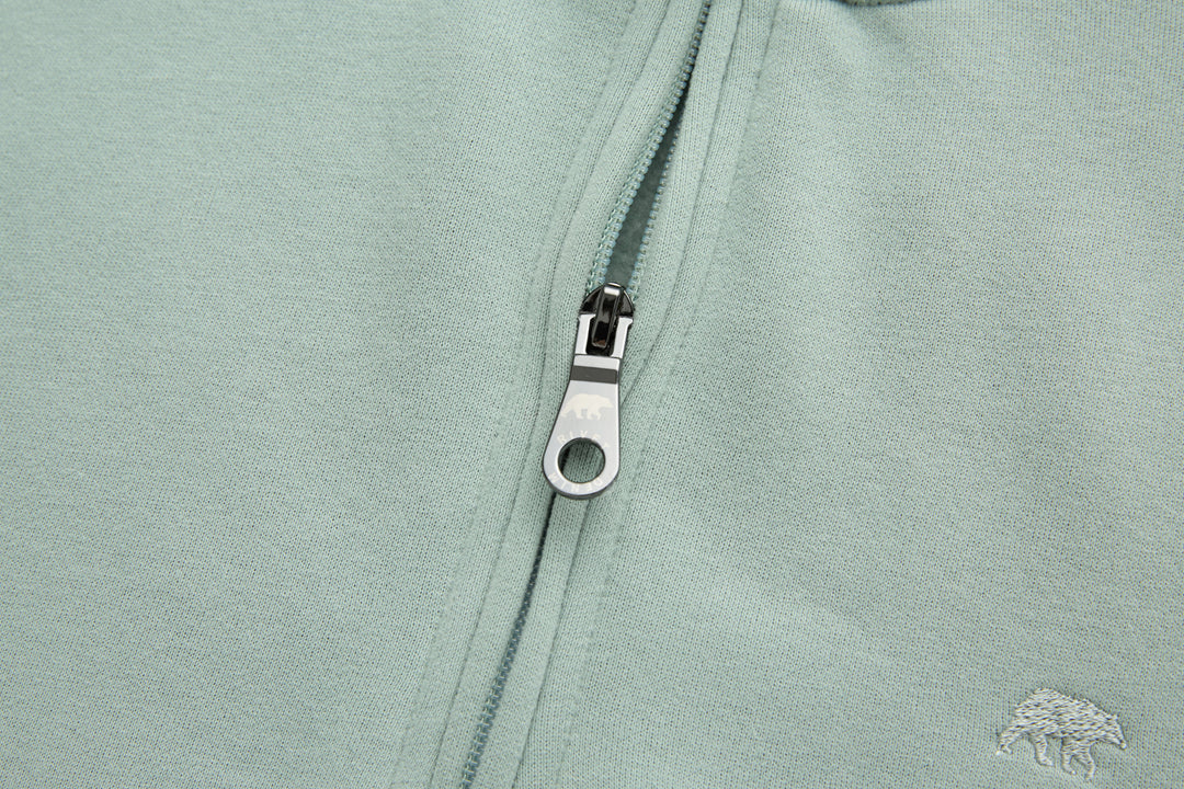 Jade 1/4-zip top zipper pull and metal ring close-up