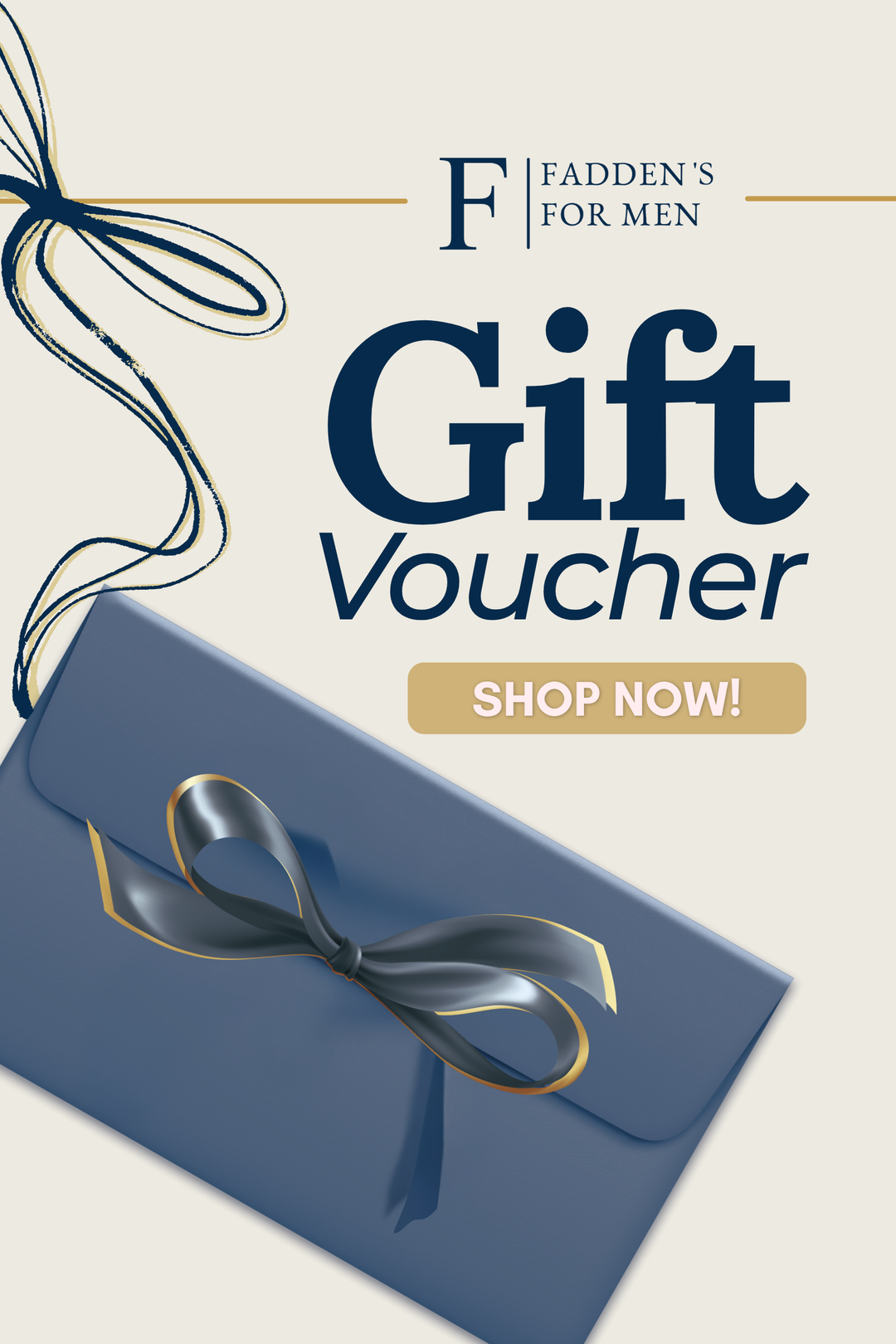 Fadden's gift voucher card in blue with bow ribbon and 'Gift Voucher' text