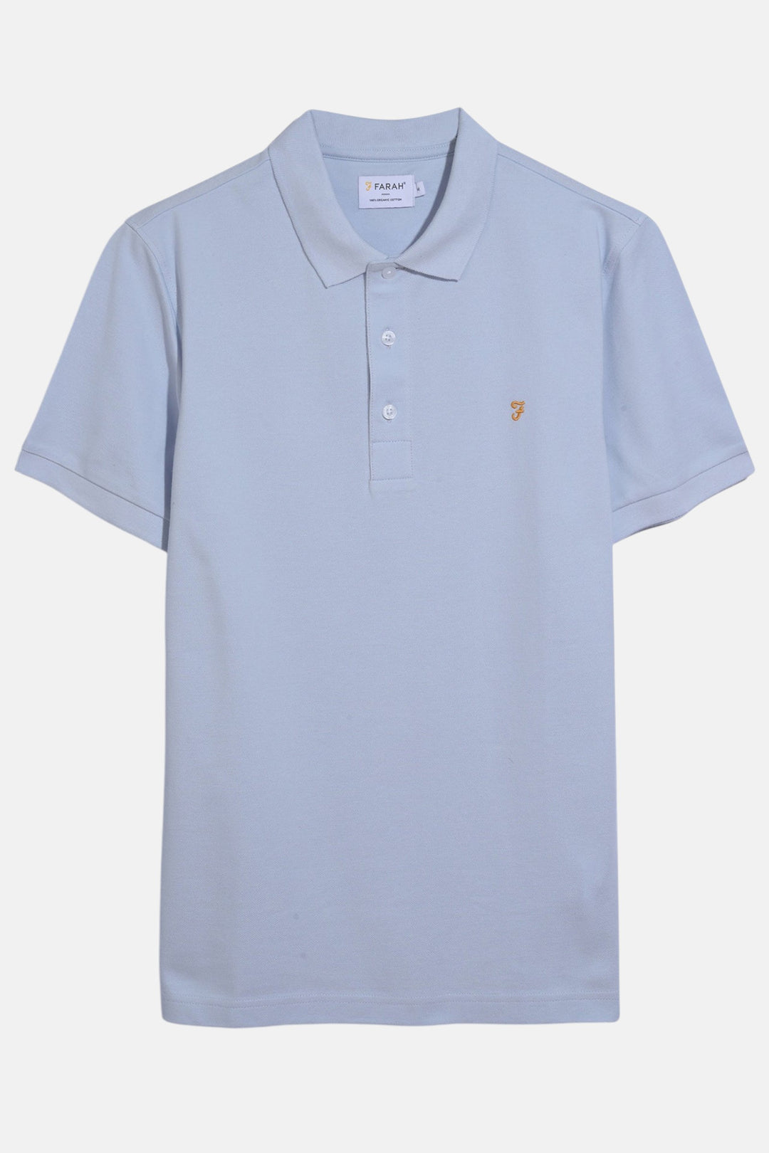 Light blue polo shirt with short sleeves, button placket, and small chest logo