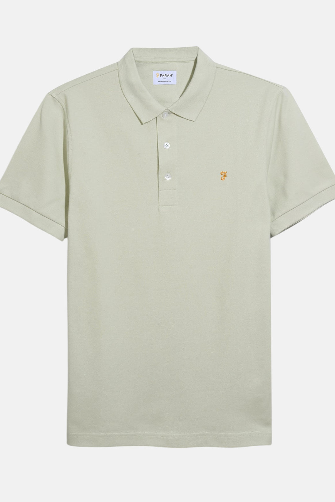 Farah Blanes soft green polo shirt with short sleeves, button placket, and small chest logo