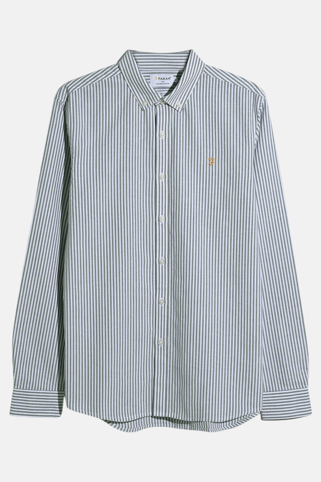 Long-sleeve button-up shirt with blue and white vertical stripes, button front and chest pocket