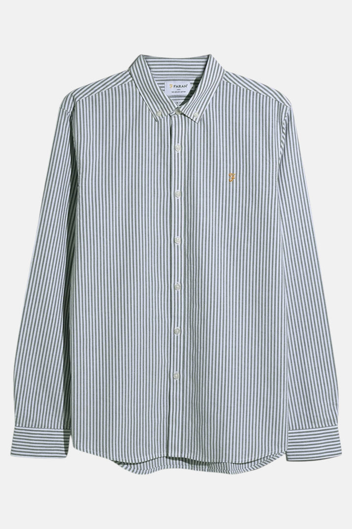 Long-sleeve button-up shirt with blue and white vertical stripes, button front and chest pocket