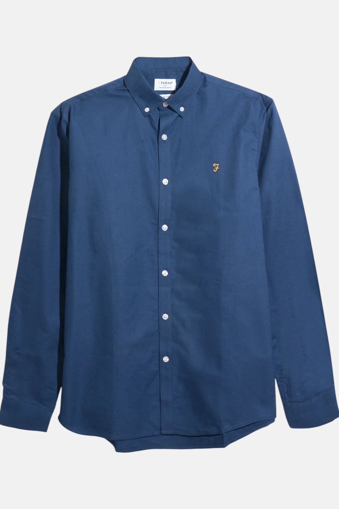 Slim-fit Oxford shirt in dark blue with button-front, point collar, long sleeves.